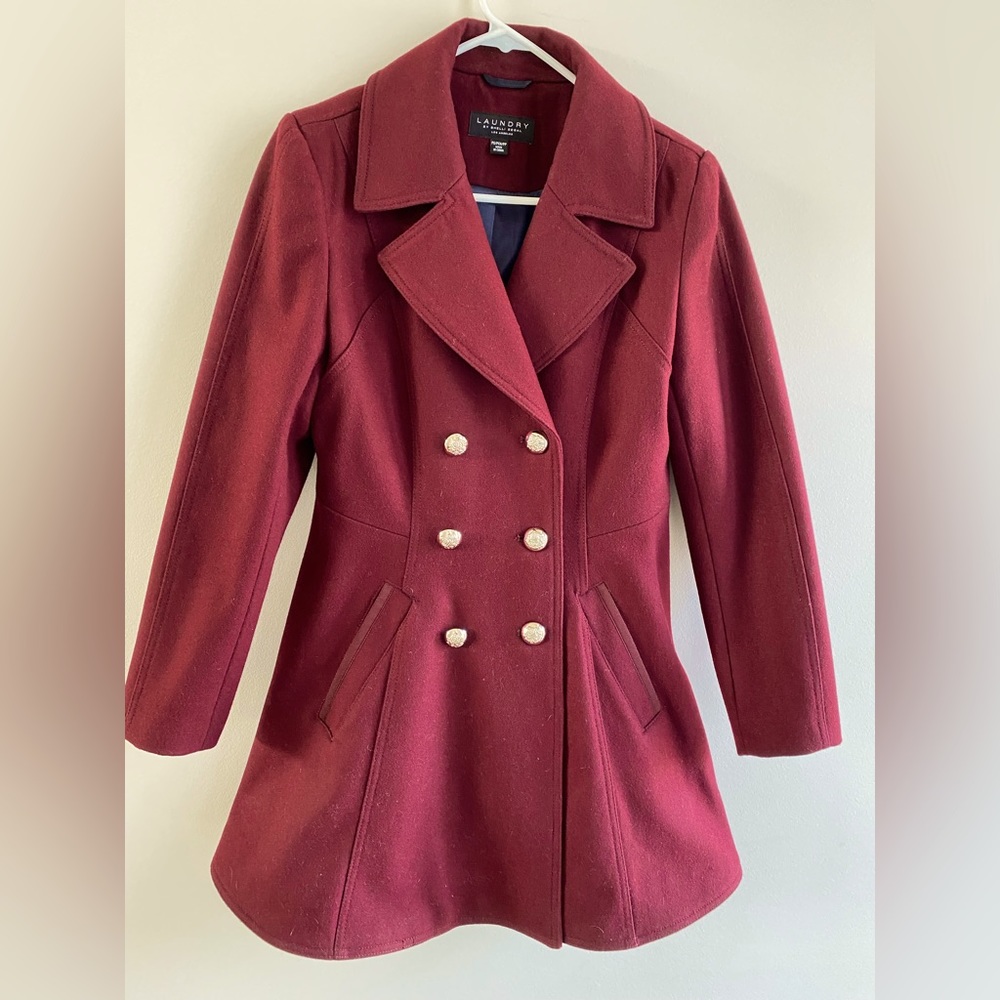 Laundry By Shelli Segal Burgundy Double Breasted Skirted Wool Pea Coat Petite S